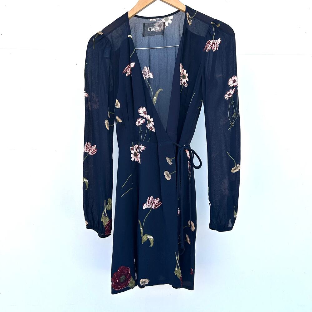 Reformation Long Sleeve Wrap Mini Dress Dark Black Floral Small Fall V-Neck - Picture 2 of 10